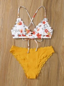 SHEIN Swim Summer Beach Floral Print Scallop Trim Bikini Set - Multicolor - View 1