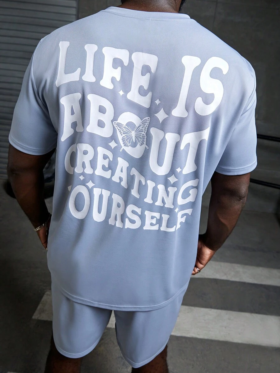 EASEVO Đàn ông cộng Đồ họa Khẩu hiệu Áo thun & quần đùi - Màu xanh nhạt - Xem 1