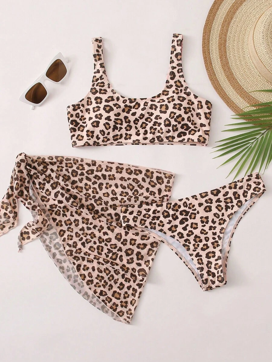 Leopard Bikini Set For Summer With Beach Skirt - Apricot - View 1