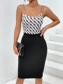 SHEIN Privé Đầm Chuỗi Khối Màu Hình học Thanh lịch - Đen và trắng - Xem 3