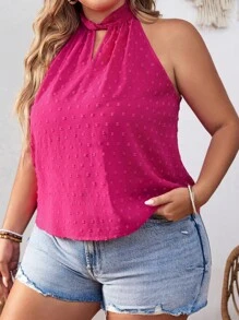 SHEIN VCAY 大碼圓點鎖眼領襯衫 - 玫紅色 - 查看 1