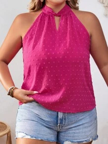 SHEIN VCAY 大碼圓點鎖眼領襯衫 - 玫紅色 - 查看 3