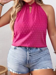 SHEIN VCAY 大碼圓點鎖眼領襯衫 - 玫紅色 - 查看 5