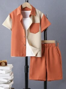 SHEIN cậu bé mười hai Hai âm Áo sơ mi & Quần short Without Tee - trái cam - Xem 1