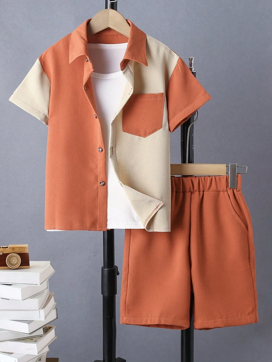 SHEIN cậu bé mười hai Hai âm Áo sơ mi & Quần short Without Tee - trái cam - Xem 1