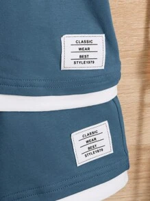 SHEIN 男嬰字母補丁細節拼接邊T恤和短褲 - 霧霾藍 - 查看 3