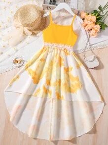 女孩印花高低下擺吊帶洋裝 - 黃色 - 查看 1