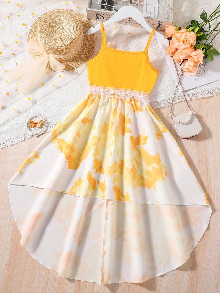 女孩印花高低下擺吊帶洋裝 - 黃色 - 查看 1