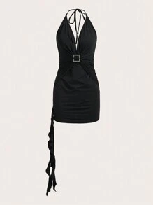 SHEIN X Doris Jocelyn SHEIN ICON Đầm Lộ Lưng Xù Buộc lại màu trơn Gợi cảm - màu đen - Xem 1