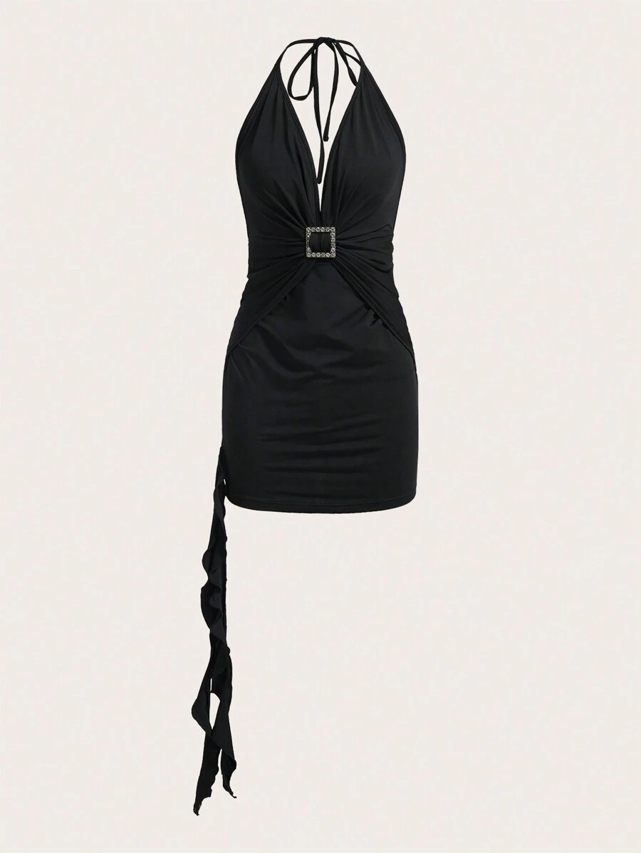 SHEIN X Doris Jocelyn SHEIN ICON Đầm Lộ Lưng Xù Buộc lại màu trơn Gợi cảm - màu đen - Xem 1