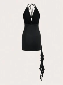 SHEIN X Doris Jocelyn SHEIN ICON Đầm Lộ Lưng Xù Buộc lại màu trơn Gợi cảm - màu đen - Xem 2