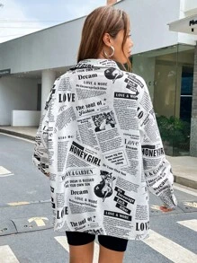 SHEIN EZwear 口号与图案落肩衬衫 Dream LOVE & MORE Honey Girl - 黑與白 - 查看 3