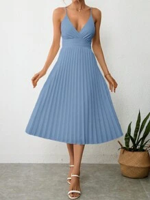 SHEIN Privé Solid Pleated Hem Cami Dress - Dusty Blue - View 1