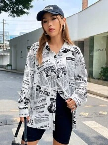SHEIN EZwear 口号与图案落肩衬衫 Dream LOVE & MORE Honey Girl - 黑與白 - 查看 4