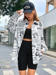 SHEIN EZwear 口号与图案落肩衬衫 Dream LOVE & MORE Honey Girl - 黑與白 - 查看 5