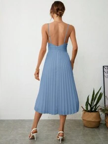 SHEIN Privé Solid Pleated Hem Cami Dress - Dusty Blue - View 2