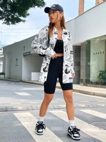 SHEIN EZwear 口号与图案落肩衬衫 Dream LOVE & MORE Honey Girl - 黑與白 - 查看 6