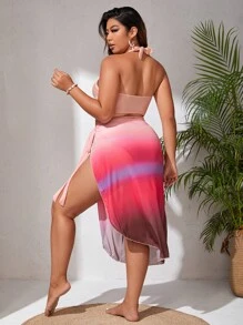 SHEIN Swim Curve 大尺碼漸層露背比基尼套裝，伴隨海灘裙的夏日沙灘 - 彩色 - 查看 2