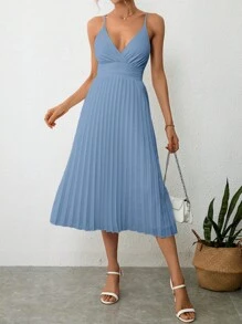 SHEIN Privé Solid Pleated Hem Cami Dress - Dusty Blue - View 4