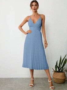 SHEIN Privé Solid Pleated Hem Cami Dress - Dusty Blue - View 5