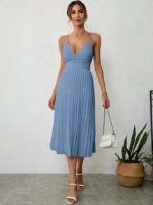 SHEIN Privé Solid Pleated Hem Cami Dress - Dusty Blue - View 6