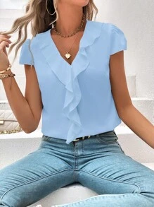 SHEIN Privé Solid Ruffle Trim Blouse - Baby Blue - View 5