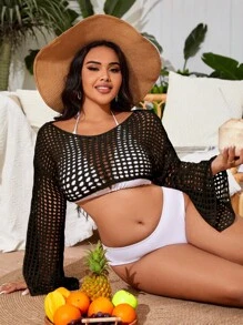SHEIN Swim Curve Plus Hollow Out Crochet Cover Up Without Bikini Set - Black - View 1