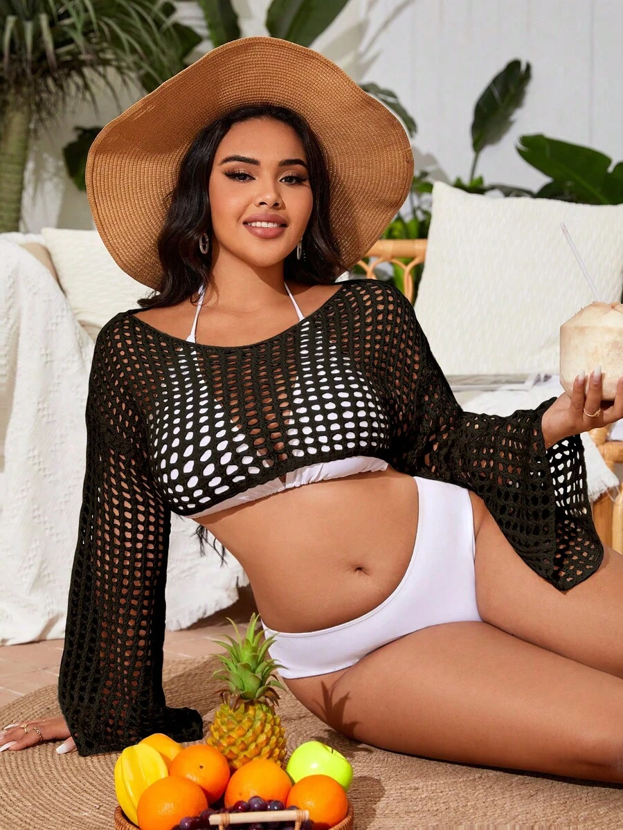 SHEIN Swim Curve Plus Hollow Out Crochet Cover Up Without Bikini Set - Black - View 1