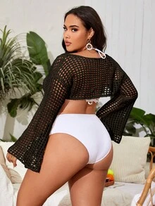 SHEIN Swim Curve Plus Hollow Out Crochet Cover Up Without Bikini Set - Black - View 2