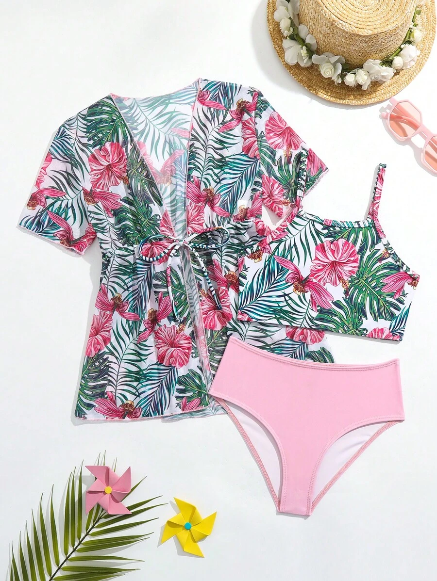 年轻女孩热带印花比基尼套装与和服夏日海滩 - 彩色 - 查看 1