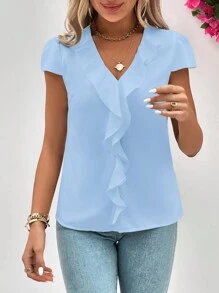 SHEIN Privé Solid Ruffle Trim Blouse - Baby Blue - View 6