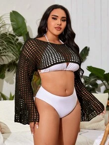 SHEIN Swim Curve Plus Hollow Out Crochet Cover Up Without Bikini Set - Black - View 3