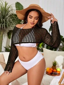 SHEIN Swim Curve Plus Hollow Out Crochet Cover Up Without Bikini Set - Black - View 4