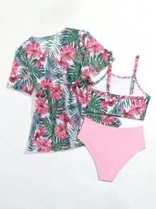 年轻女孩热带印花比基尼套装与和服夏日海滩 - 彩色 - 查看 2