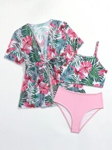 年轻女孩热带印花比基尼套装与和服夏日海滩 - 彩色 - 查看 3