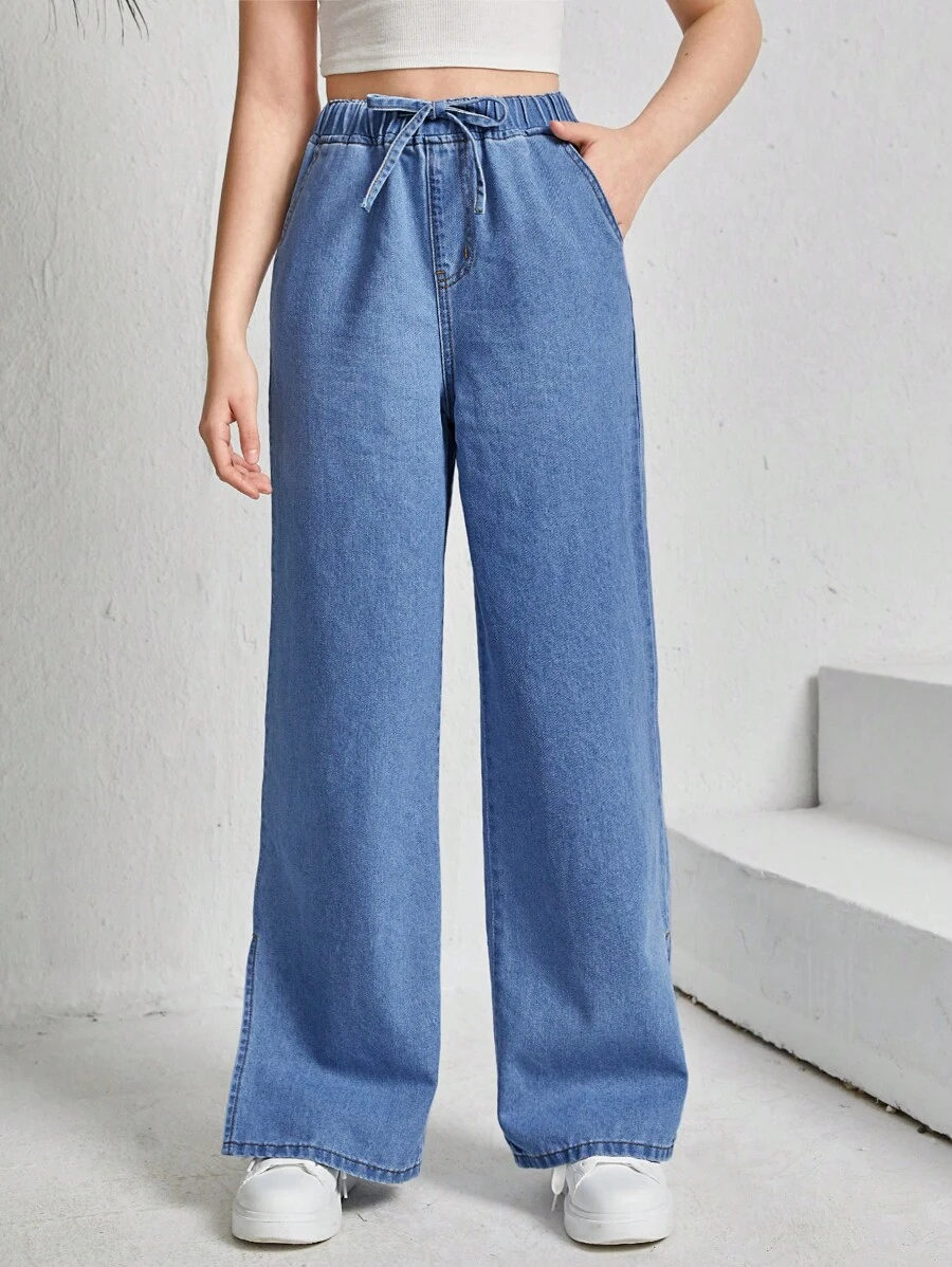 SHEIN Teen Girls Drawstring Waist Wide Leg Jeans - Medium Wash - View 1