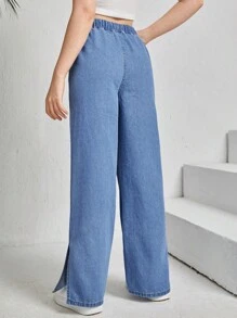 SHEIN Teen Girls Drawstring Waist Wide Leg Jeans - Medium Wash - View 2