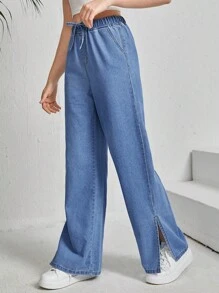 SHEIN Teen Girls Drawstring Waist Wide Leg Jeans - Medium Wash - View 3