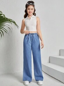 SHEIN Teen Girls Drawstring Waist Wide Leg Jeans - Medium Wash - View 4