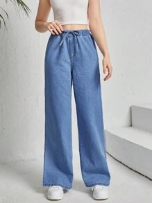 SHEIN Teen Girls Drawstring Waist Wide Leg Jeans - Medium Wash - View 5