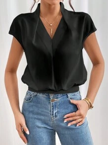 SHEIN Privé Solid Batwing Sleeve Blouse - Black - View 5