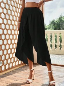 SHEIN VCAY Quần nữ Trọn gói Uốn nếp màu trơn Giải trí - màu đen - Xem 1