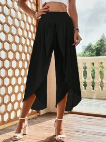 SHEIN VCAY Quần nữ Trọn gói Uốn nếp màu trơn Giải trí - màu đen - Xem 3