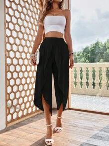 SHEIN VCAY Quần nữ Trọn gói Uốn nếp màu trơn Giải trí - màu đen - Xem 4