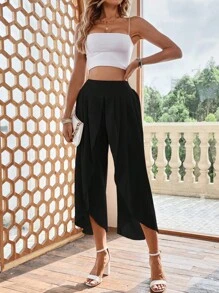 SHEIN VCAY Quần nữ Trọn gói Uốn nếp màu trơn Giải trí - màu đen - Xem 5