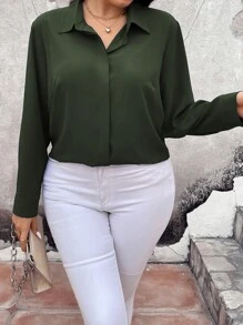 Vionelle Plus Size Casual Solid Color Long Sleeve Shirt, Autumn - Army Green - View 1