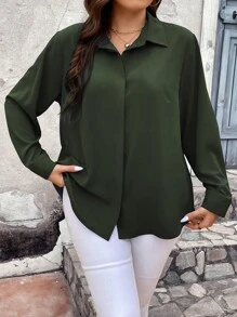 Vionelle Plus Size Casual Solid Color Long Sleeve Shirt, Autumn - Army Green - View 3