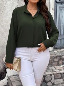 Vionelle Plus Size Casual Solid Color Long Sleeve Shirt, Autumn - Army Green - View 5