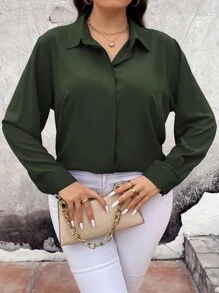 Vionelle Plus Size Casual Solid Color Long Sleeve Shirt, Autumn - Army Green - View 6