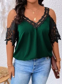 Calvaya Áo cánh trễ vai ren guipure tương phản cho mùa hè - Màu xanh lá cây đậm - Xem 4